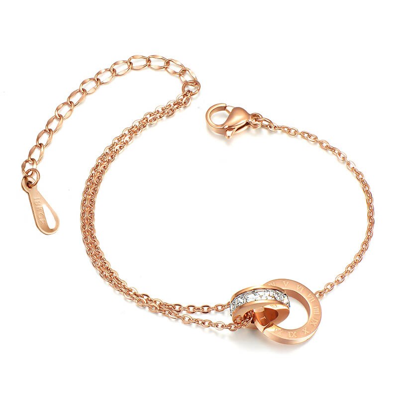 18KGP Titanium Staal Vrouwen Enkelbandje Armband Dubbele Cirkel Crystal Romeinse Cijfers Voet Armband Vrouwen Sieraden: Rose Gold