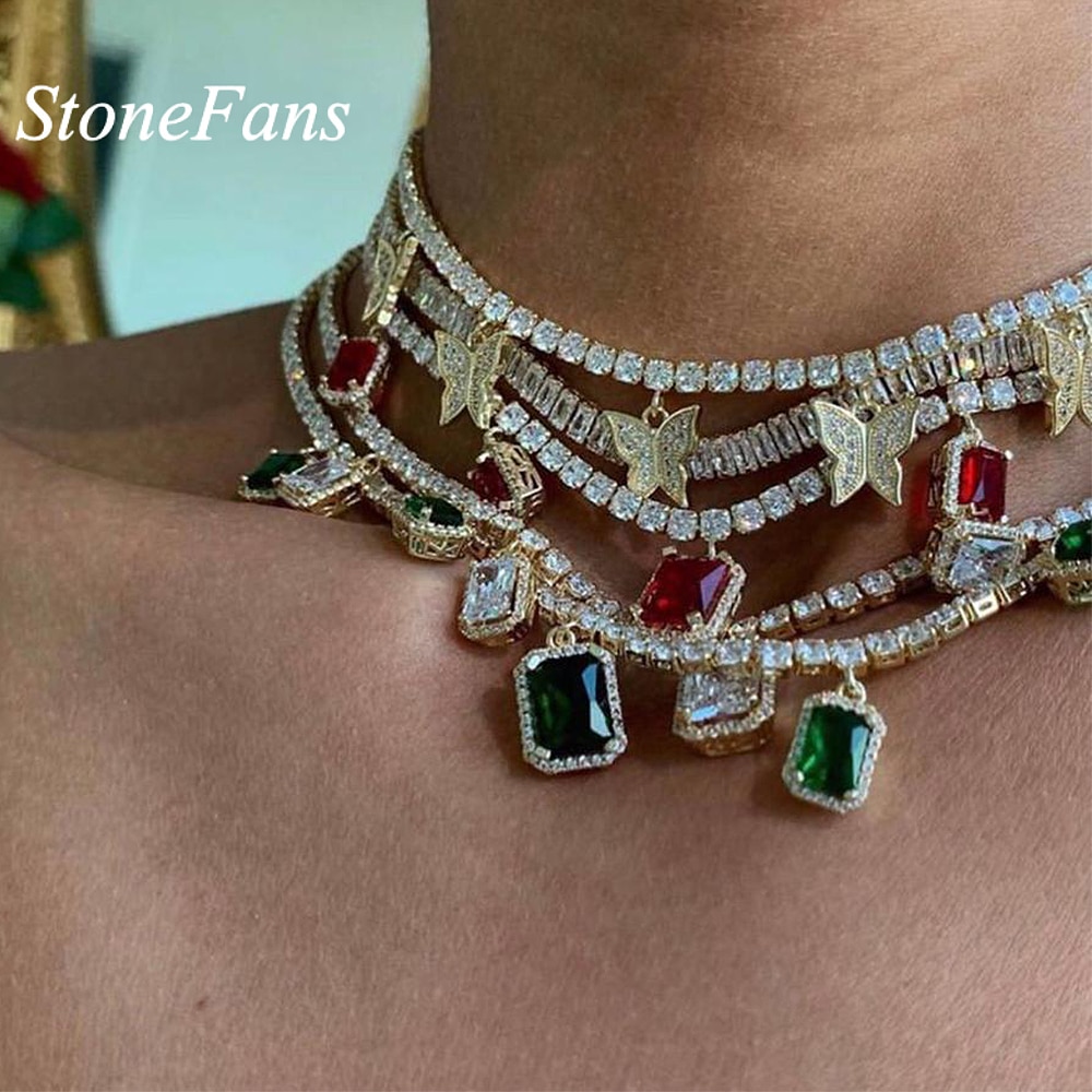 StoneFans Rosso Blu Verde Collana di Cristallo Del Pendente per i Monili Delle Donne unisex Colorato Catena di Strass Accessori Della Collana