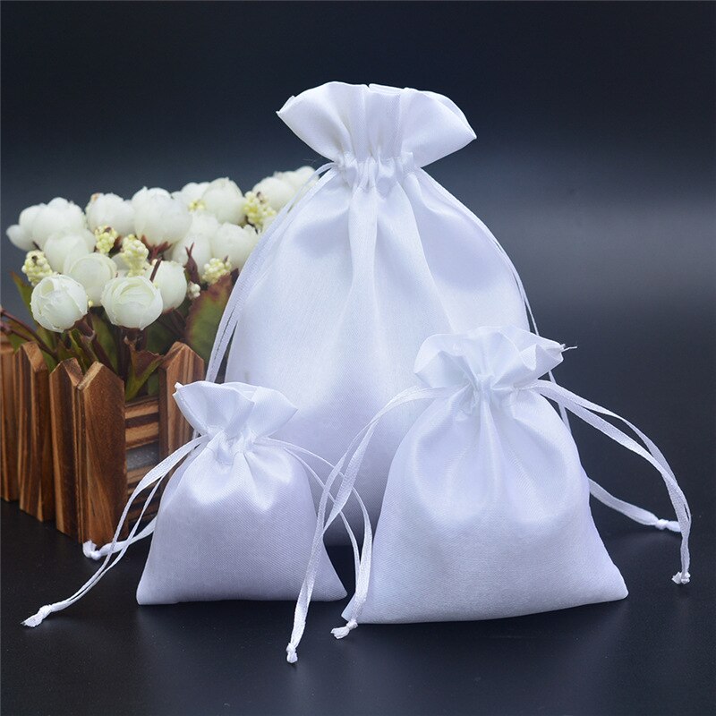 Pochettes en Satin blanc 7x9, 10x12, 16x20 cm, sacs à cordon d&#39;emballage pour bonbons/bijoux/colliers/bagues/perles, sac en soie, 10 pièces/lot