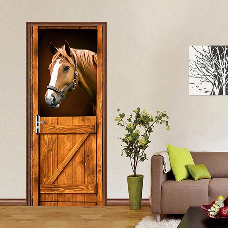 3D Deur Muursticker Paard Huis Pvc Zelfklevende Waterdichte Verwijderbare Art Decals Voor Decoratie Muurschildering 77X200 Cm