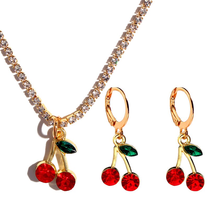 Koreanisch Süße Nette rot Kirsche Schmuck einstellen Für Frauen Bling Kristall Anhänger Halskette und Ohrring setzt Schmuck Party: Ursprünglich Titel