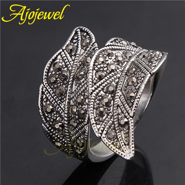 Ajojewel Trendy Zwarte Cz Leaf Wide Ring Vrouwen Sieraden Vintage