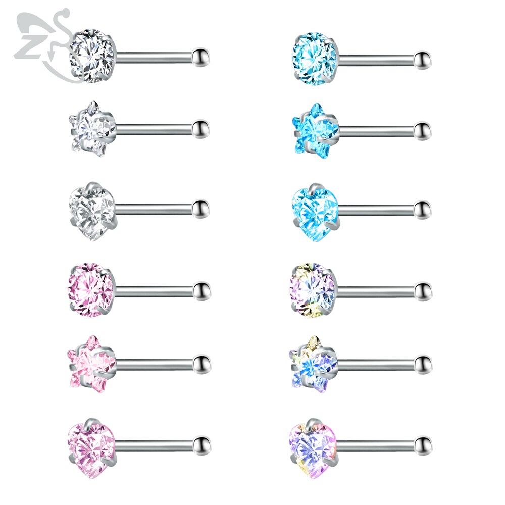 Zs piercing de nariz em aço inoxidável 3-12 porcelana, conjunto de pino redondo, estrela, coração, cristal cz, nariz, 3mm, forma de l, joia de piercing 20g: P-12pcs