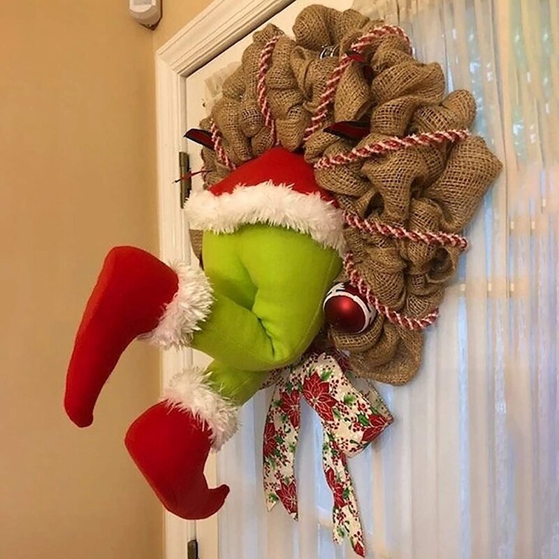 Décorations de noël, couronne en toile de jute, avec jambes en peluche, pour la décoration de noël, pour thanksgiving