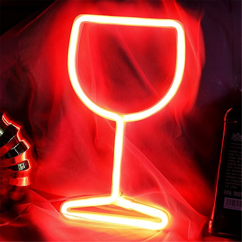 Enseigne lumineuse LED en verre de vin, néon, bol à vin, lampe murale suspendue, veilleuse lumineuse, USB, Bar à piles, de décoration pour la saint-valentin: Red