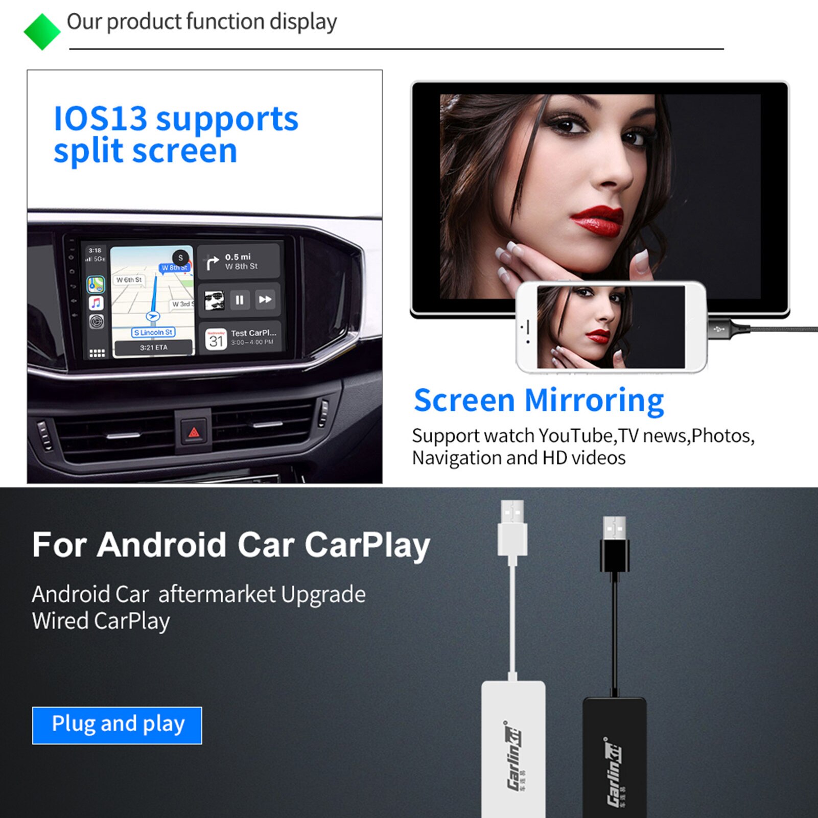 Car Wireless Activator Dongle USB Airplay Carplay Module AirPlay Autokit Map Smart Link Auto Connection Phone For iOS/Android