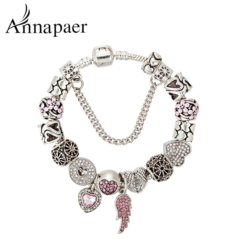 ANNAPAER European Pink Crystal Angel Wings Charm Bead Fit Original Bracelets for Women Bracelet Jewelry B17044