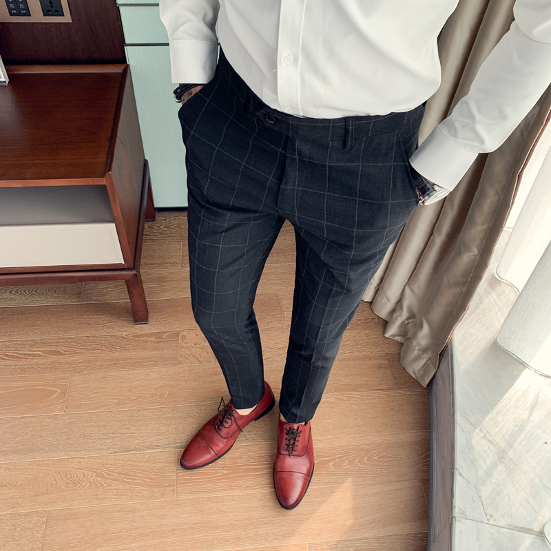 Korean Slim Fit Pants Men 2026.British Style Mens Dress Pants Korean Slim Fit Pla... - Vicedeal