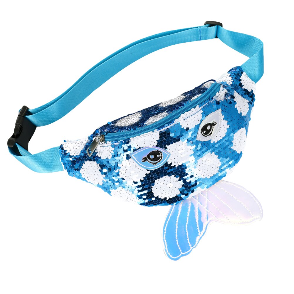 Sequin Waist Bag Women Fanny Zipper Semicircle Fish Tail Big Eyes Printing Splicing Kid Chest Crossbody Pack: Blue