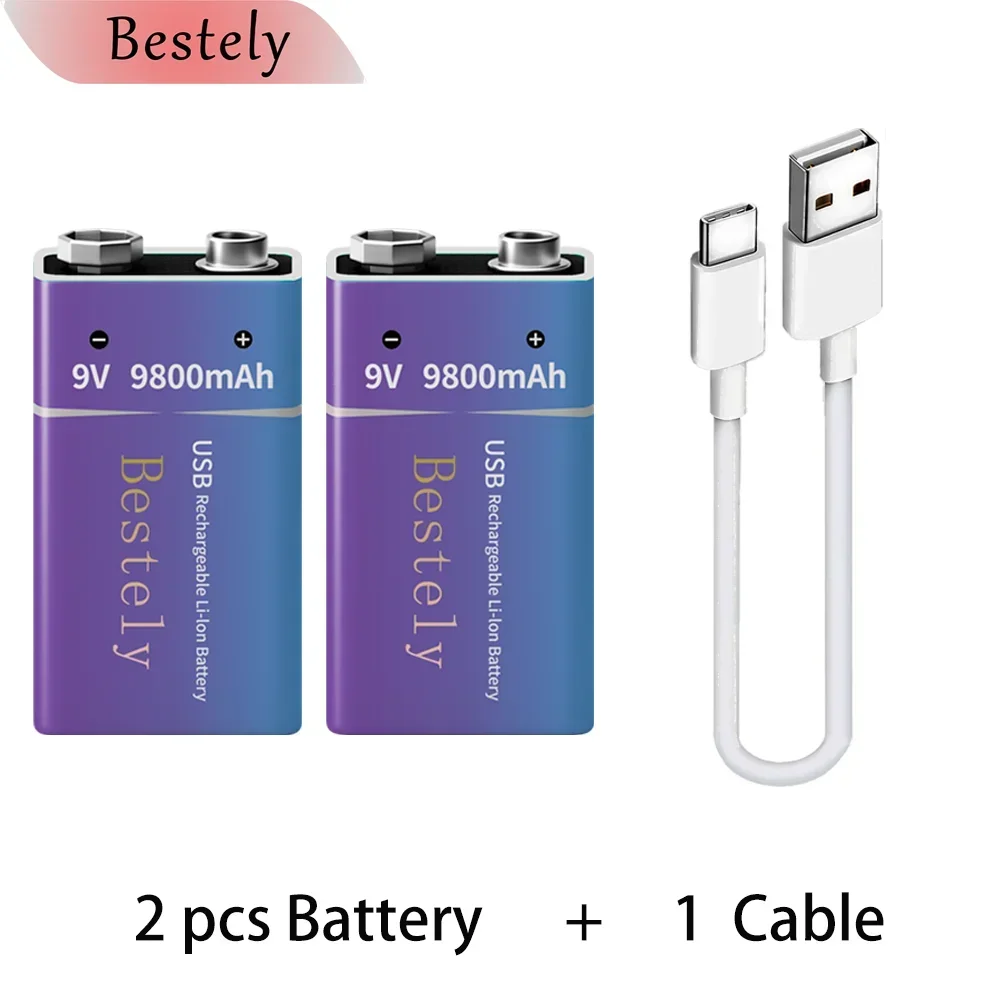 Nueva batería recargable de litio de 9V, 9800mAh, baterías de iones de litio de 9v de larga duración con Cable, para Detector de humo, alarmas, micrófono: Morado