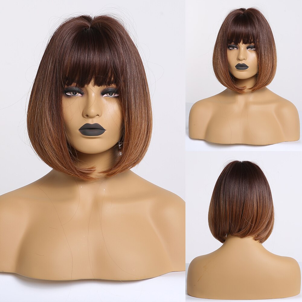 EASIHAIR Brown Ombre Bob Synthetic Wigs with Bangs for Women Medium Length Hair Bob Wig Wavy Heat Resistant Cosplay Wigs: SS146-1