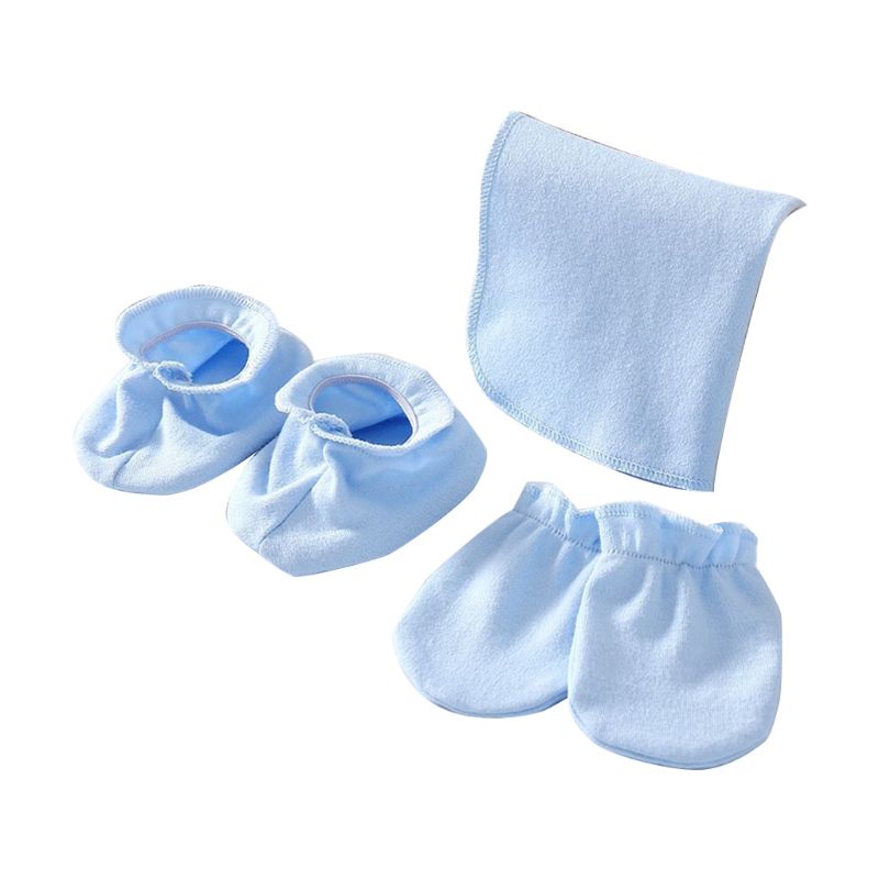 Guanti per asciugamano Saliva in cotone morbido neonato Set coprigambe guanti antigraffio kit di calzini con bretelle in tessuto Burp: Blu