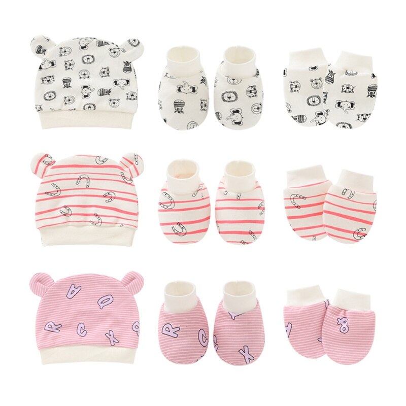 Baby Pasgeboren Wanten Sokken Mutsen Cap Kit Zuigelingen Anti Krassen Katoenen Handschoenen + Oren Hoed + Voet Cover Set