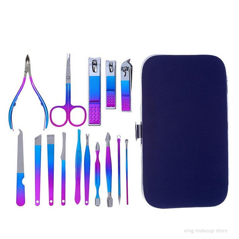 1 Set Rainbow Grandient Manicure Nail Kits Stainless Steel Nail Clippers Set Acne Needle Toenail Grooming Sets 30#