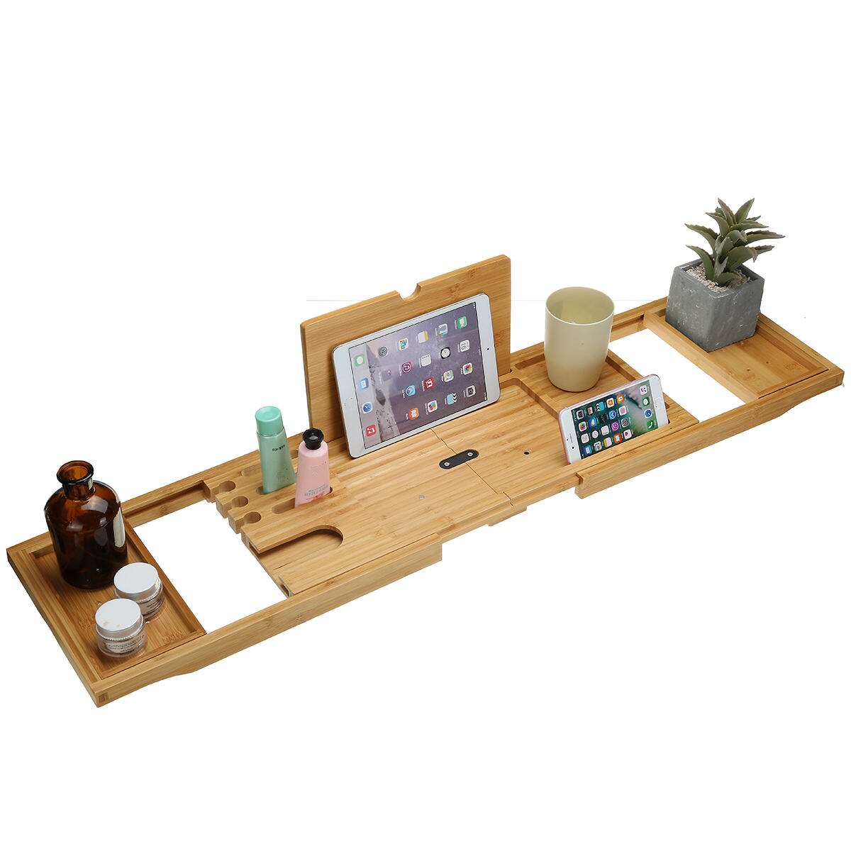 105Cm Uitschuifbare Bamboe Bad Caddy Tray Opvouwbare Home Spa Houten Bad Tray Boek Wijn Tablet Holder Rack