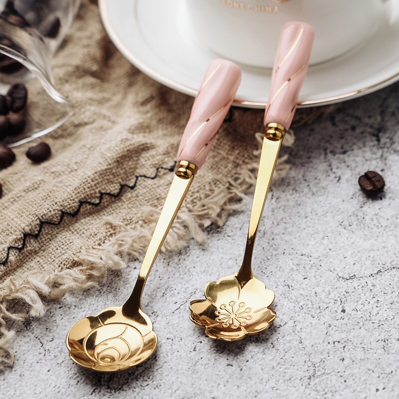 Mini Stainless Steel Dessert Spoon Ceramic handle flower Spoon Teaspoon Gold Coffee Cake Fruit Milk Spoon Kitchen Tableware