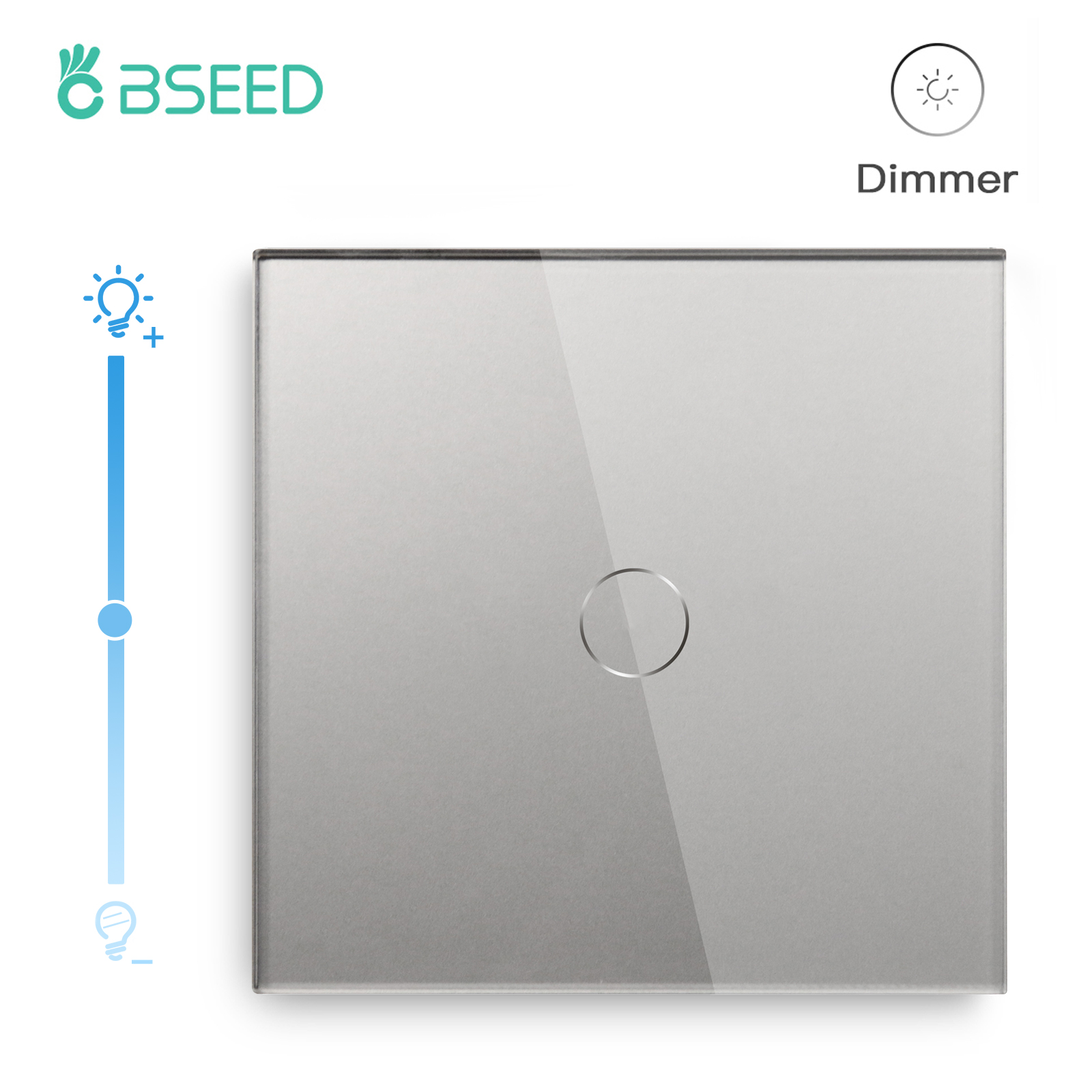 BSEED Dimmer-Lichtschalter, 1 Gang, 1-Wege-LED-Dimmer, 220 V, Wand-Touch-Lichtschalter, Kristallglasscheibe, blaue Hintergrundbeleuchtung, Speicherfunktion: Blau