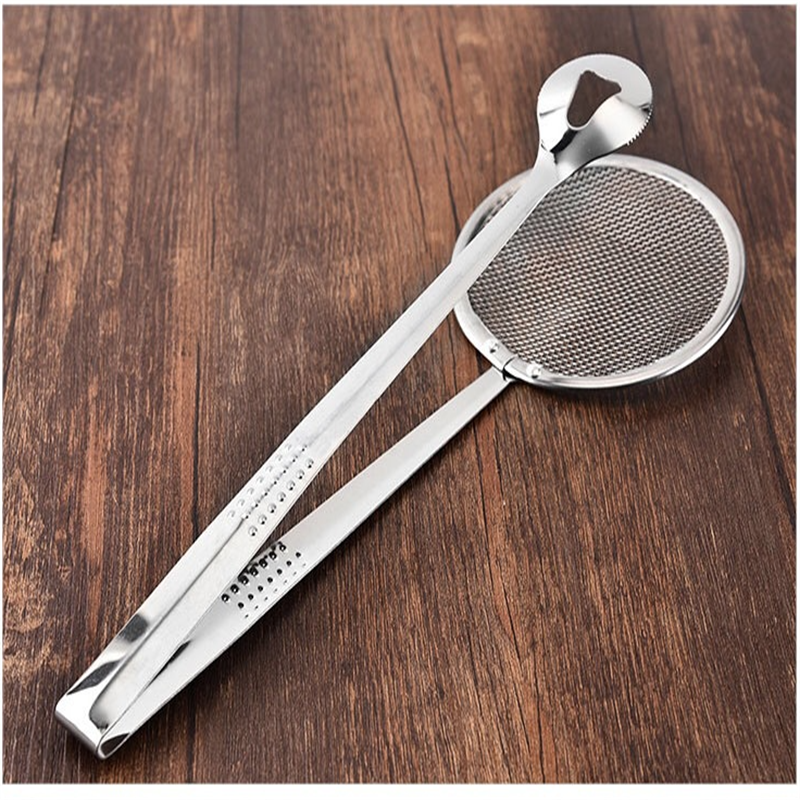 Filter Spoon with Clip Multi-functional Stainless Steel Colander Oil-Frying Filter Fried Food Clip Kitchen Tongs