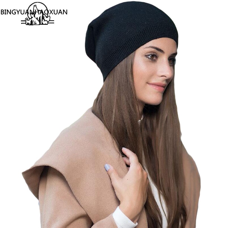 Bingyuanhaoxuan dam vintermössa stickad ullmössa kvinna skullies casual utomhus skidmask hattar hattar för kvinnor