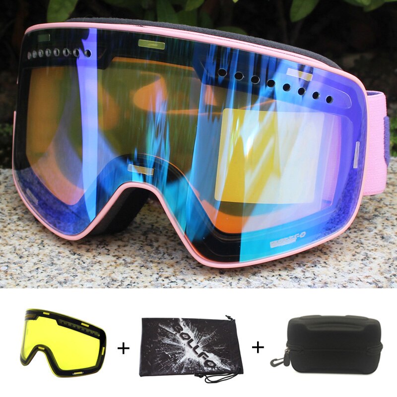 Magnetisk dobbeltlags linse skibriller masker antidugg  uv400 snowboardbriller skibriller briller for menn kvinner med etui: Rosa blå