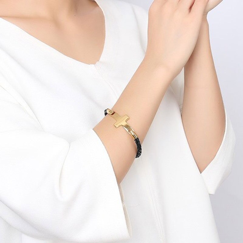Modyle Neue Gold Farbe Edelstahl Kreuz Armbänder & Armreifen für Männer Leder Männer Hand Kette Armbinde