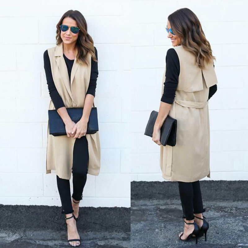 Autumn Womens Cardigan Solid Color Open Front Long Vest Cardigan Coat Blazer Office Sleeveless Work Jacket