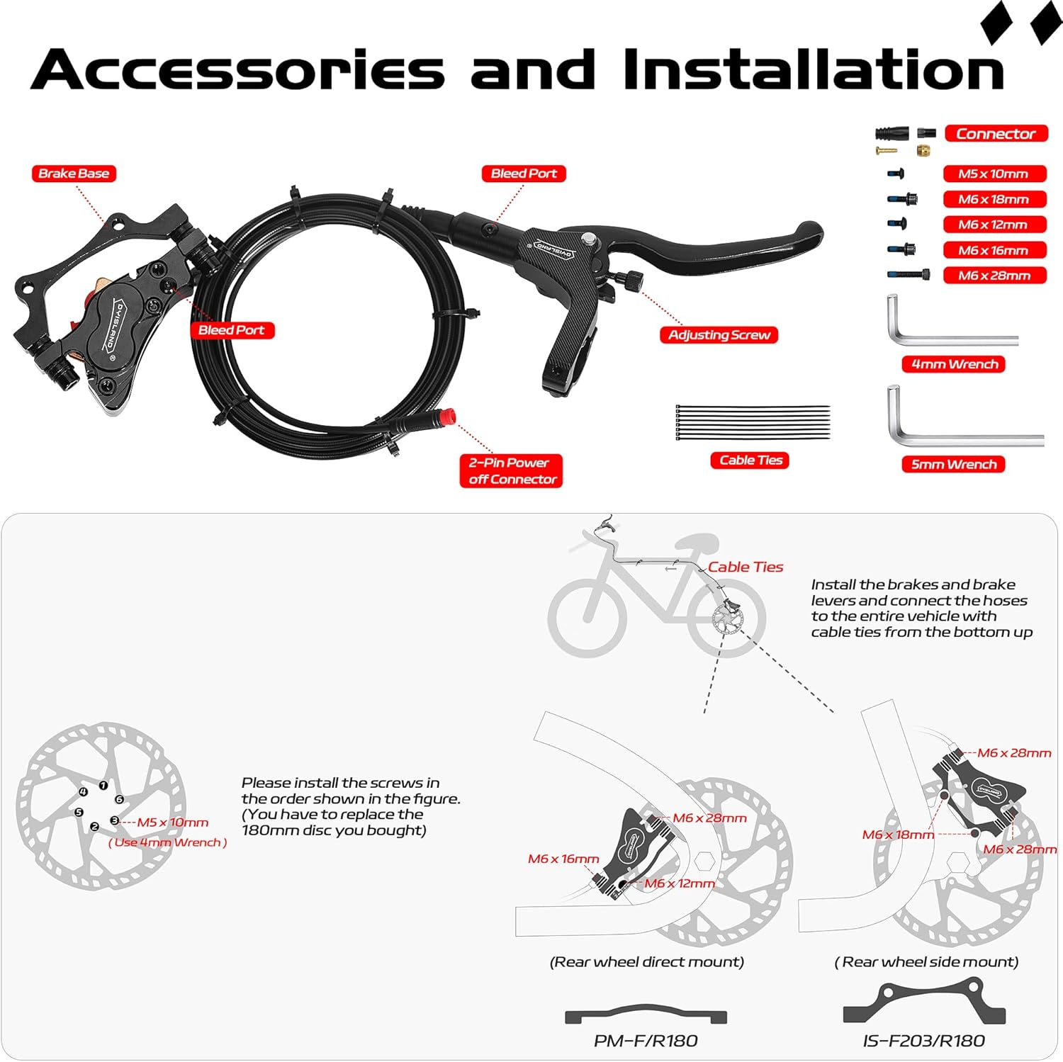 DYISLAND 4-Kolben-E-Bike, hydraulische Scheibenbremse, rechts hinten, Einzelsatz oder links vorne, Einzelsatz mit 180 mm 2,3 mm Rotor