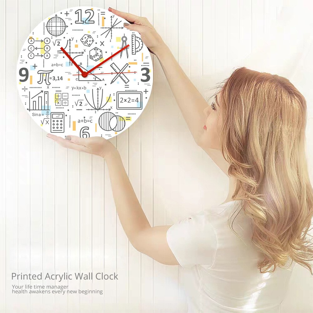 Modern Thin Line Concept of Mathematics Printed Acrylic Wall Clock Mathematical Formula Studying Education Colorful Wall Watch