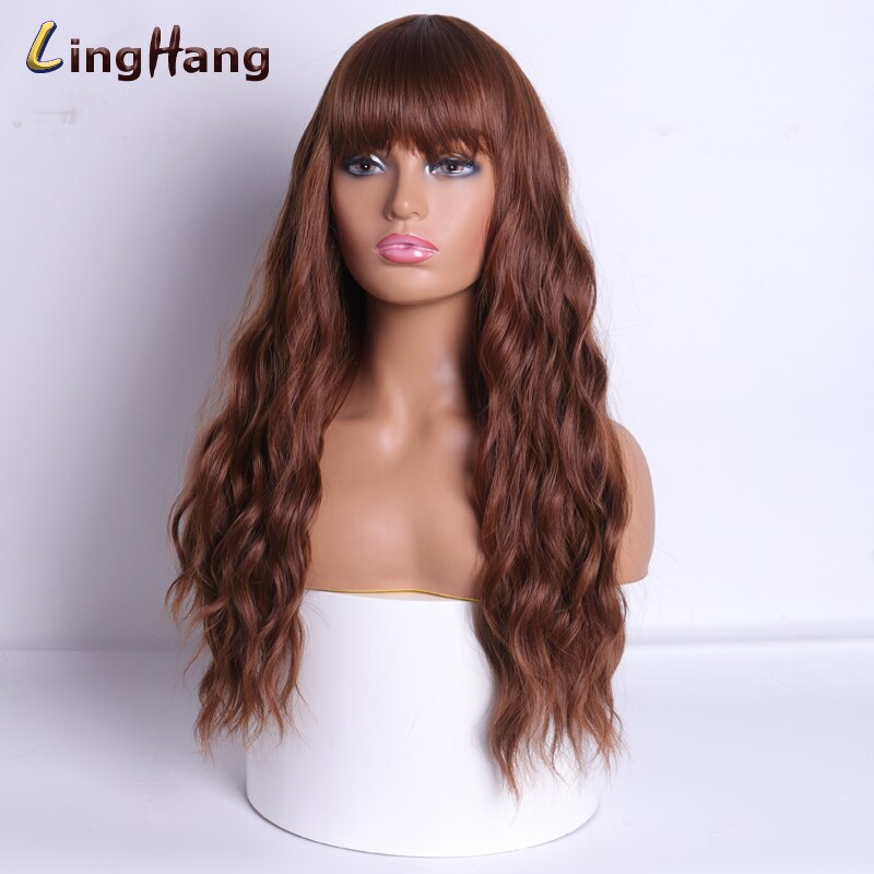 LING HÄNGEN Lange Wellig frauen Perücke 24-Zoll Synthetische Braun Haar Mit Pony Natürliche Wellenförmige Hohe Temperatur Faser perücke: 8-33