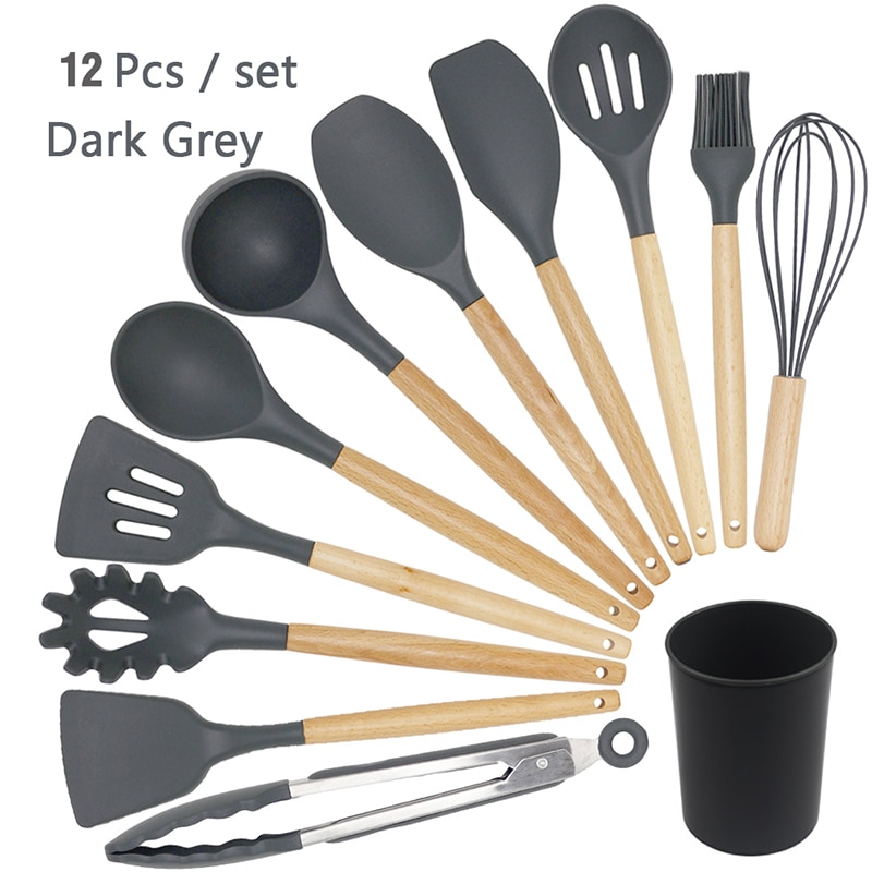 12Pcs Silicone Cooking Utensil Set Wooden Handle Spatula Soup Spoon Brush Ladle Pasta Colander Non-stick Cookware Kitchen Tools