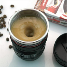 400 ml rustfrit stål kameralinse form selvomrørende krus kop kontor termokande kaffe te kop nyhed cool sort