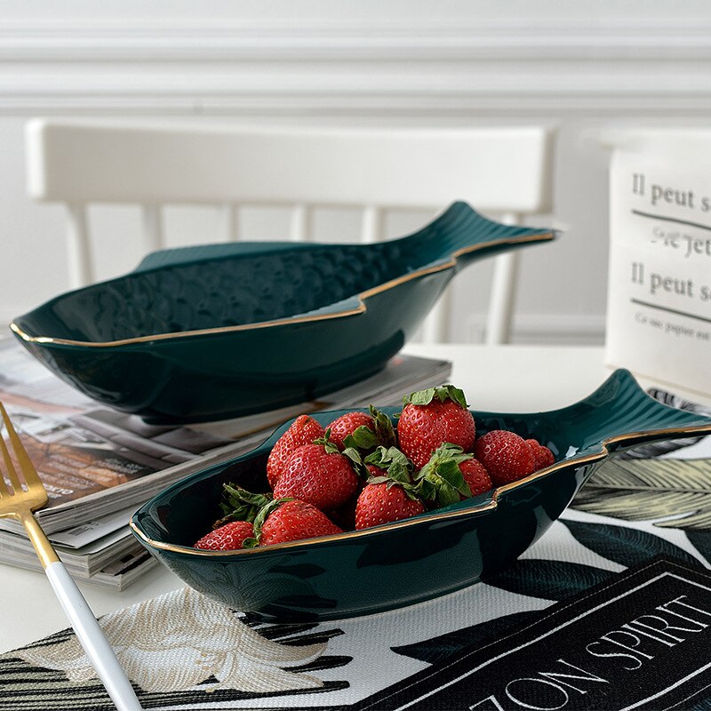 Nuovo Disegno di Ceramica con Bordo in Oro Verde Scuro Frutta Ciotola Piatto Piatto Piatto di Pesce Ciotola di Fondo casa Creativo Ristorante di Famiglia