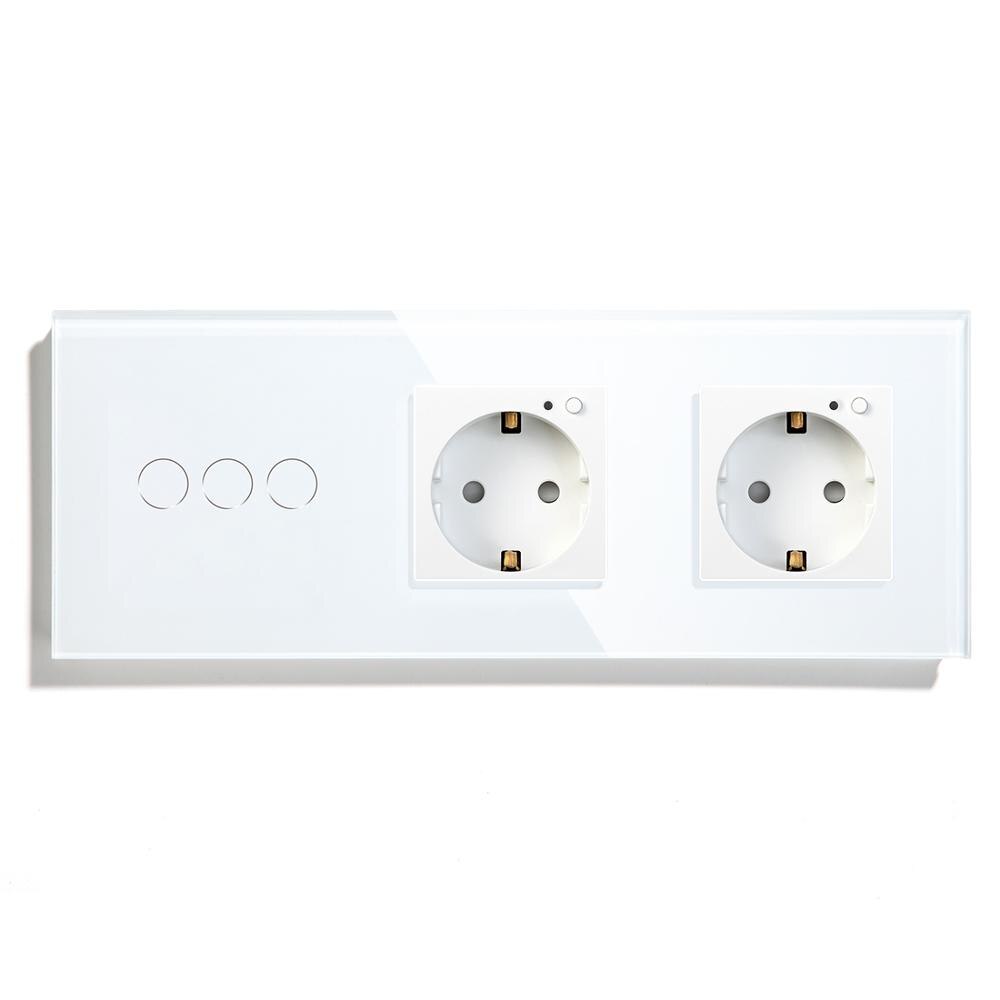 BSEED 3 Gang Smart Light Switch With Double Wall Socket 3 Colors Wall Switch 228mm Crystal Glass Panel Work With Tuya App: White