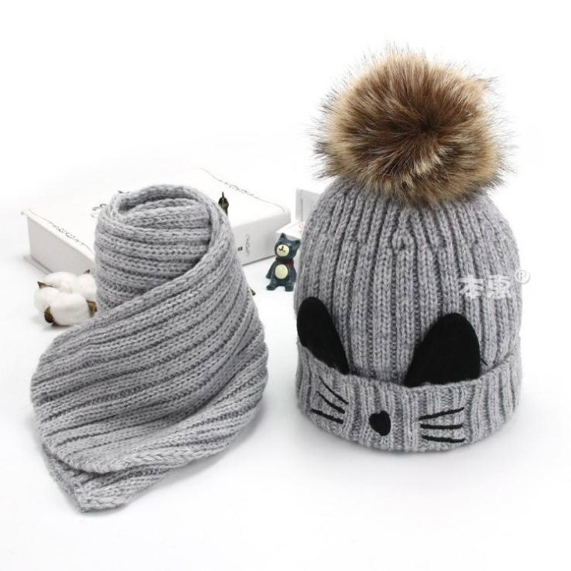 Karikatur katze hairball mützen setzt samt wolle freundlicher Art Gestrickte pelz hüte Winter pelz innen 2 stücke Baby mädchen schal Hütte einstellen: Grau
