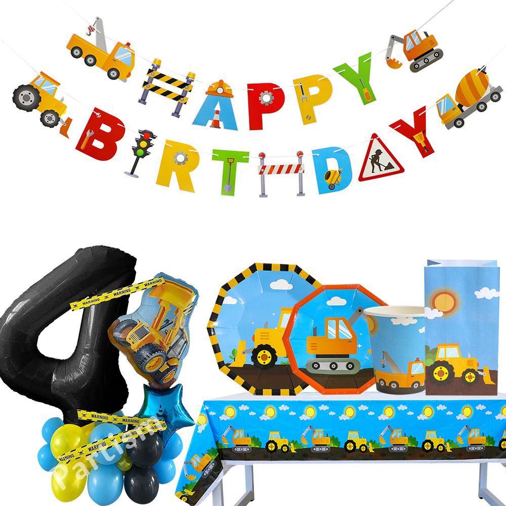 1set Carton Construction Pelle Bulldozer Jetable Vaisselle Assiettes En Papier Tasses pour garçon Joyeux Anniversaire Fête Décoration D&#39;approvisionnement