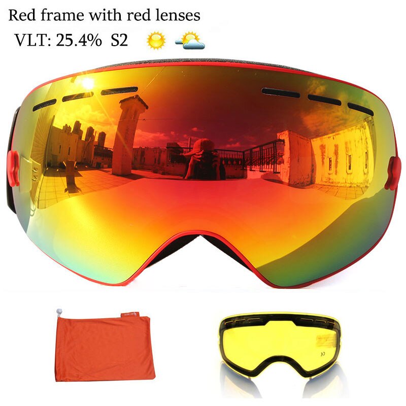 Anti-fog Ski Goggles UV400 Ski Glasses Double Layers Skiing Snowboard Snow Goggles Ski Eyewear With One Graced Brightening Lens: All Red