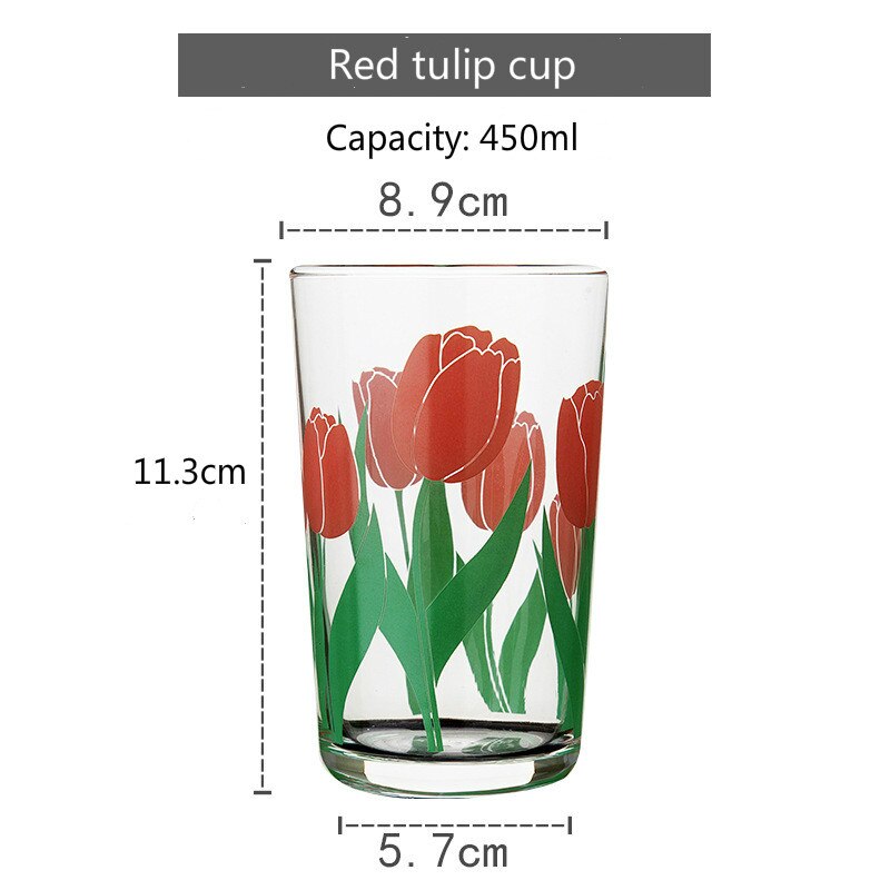 Verre à vin avec 7 motifs de fleurs, tulipe coréenne marguerite, tasse à jus de vin, impression de Rose Cosmos, gobelet , ensemble pour boisson, , 450ML: Red tulip