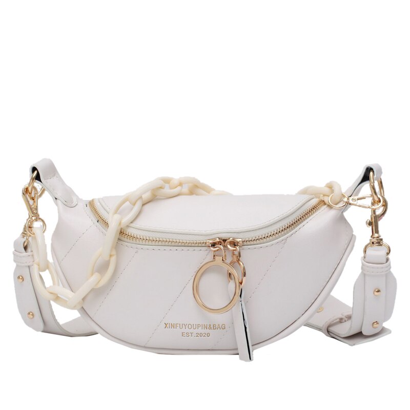 Women's Shoulder blet bag Banana Bag PU Leather Chic Chest Bag Waist Bag Four Solid Color Small Casual Female with chain: Beige