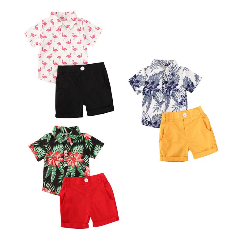 Emmababy 1-5Y Summer Toddler Baby Boys Clothes Sets Floral Short Sleeve Shirts Tops+Solid Shorts 2pcs Outfits