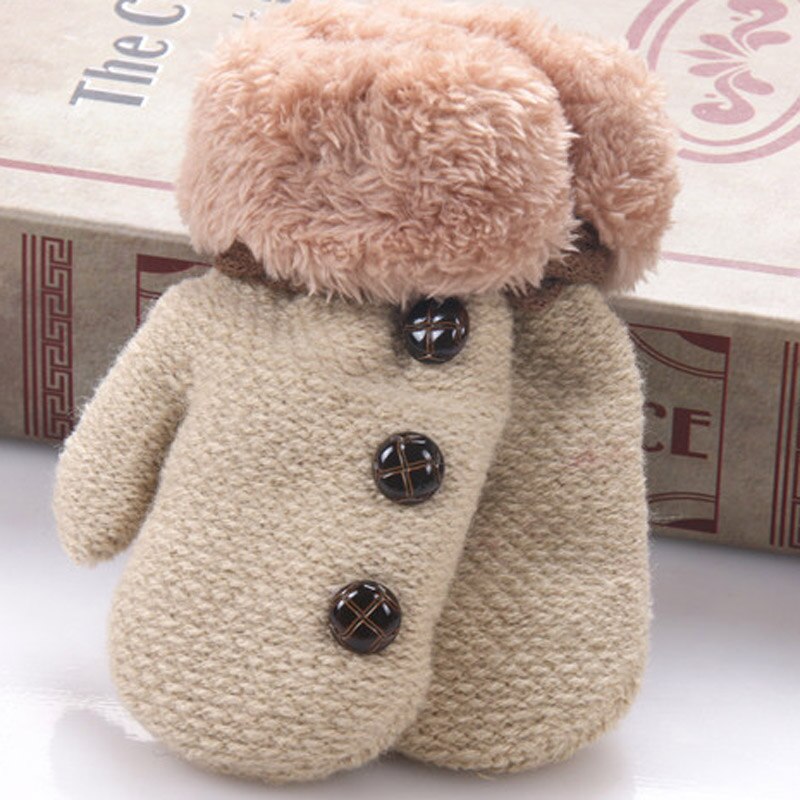 Knitted Full Finger Winter Gloves Kids Wool Warm Boys Children's Mittens Solid Color Rope Glove Girls Button Decoration
