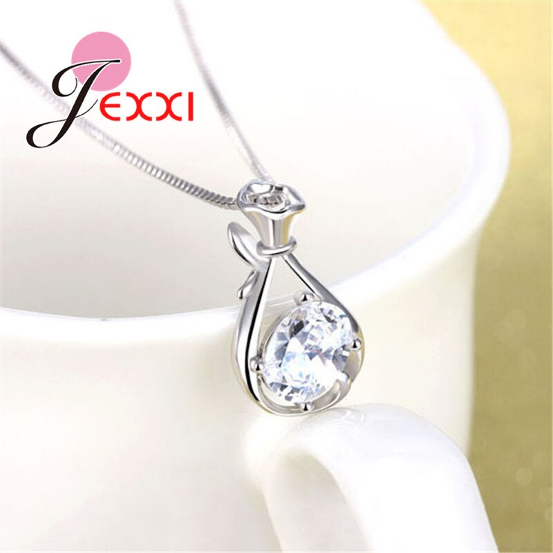 925 Sterling Silver Hollow Cubic zirconia Purse Pendant Necklace Collar Women Collier Jewelry