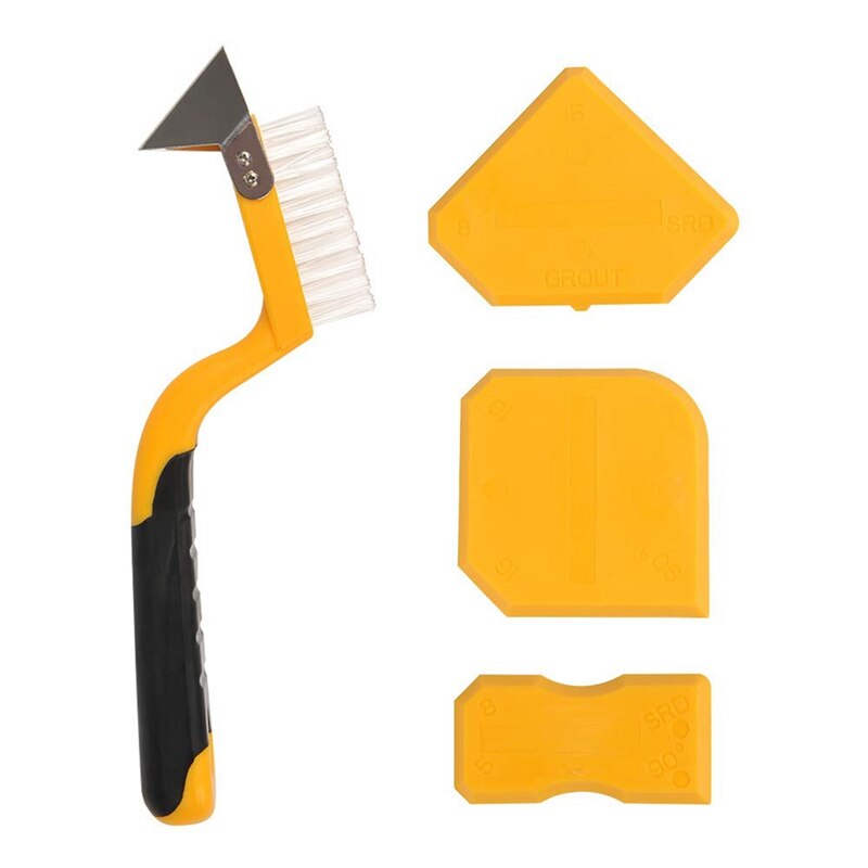 4 Pcs Caulking Tool Kit Joint Kit Siliconen Rand Grout Remover Schraper Gele Borstel Handgereedschap Combinatie