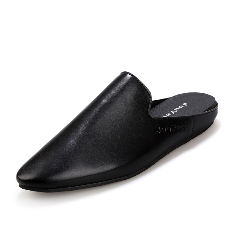 Lædersandaler loafers mænd sko mænd sommer åndbare lejligheder sko halvtøfler slides klipklapper mænd: Sort / 10