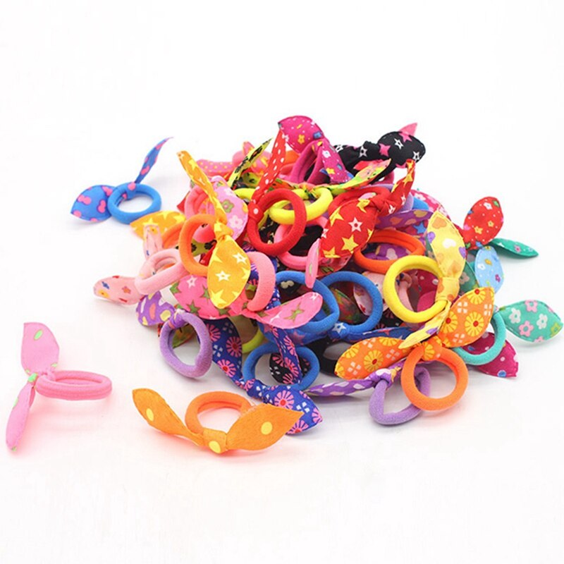 100PCS Kids Girl Mixed Color Rabbit Ear Elastic Hair Bands Rabbit Ears Hair Accessories Ponytail Holder Rubber Bands Hair Ropes