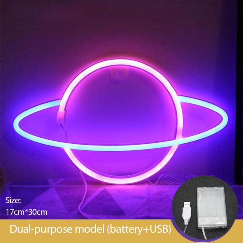 Planeta cartel de neón para Bar de la luz de la pared LED colgante para escaparate de Navidad decoración atística de pared luces de neón Lámpara USB alimentado por batería o: pink blue