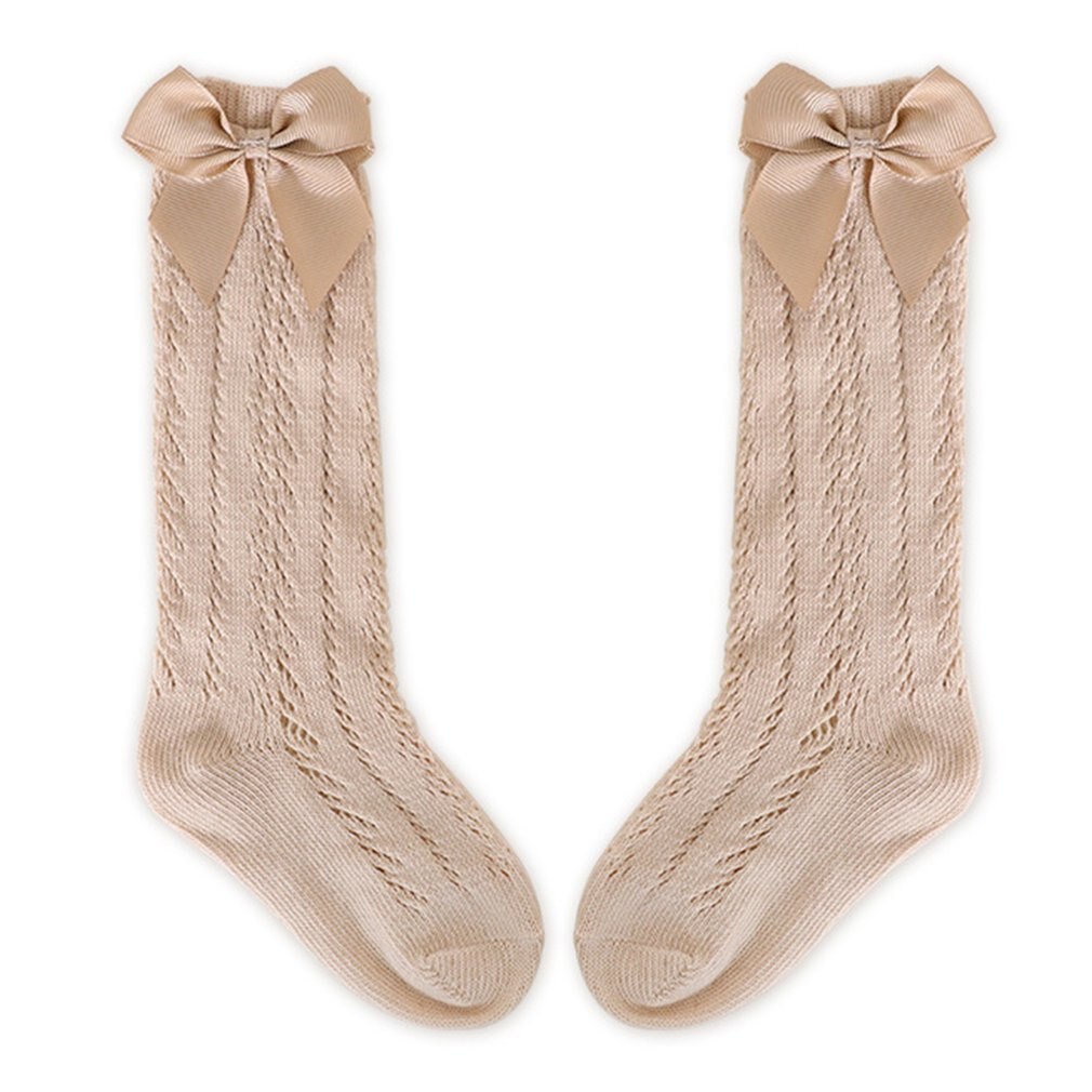 Peúgas infantis com arco crianças verão meninas joelho longo meias altas algodão macio oco para fora crianças malha princesa meias para 0-2 anos: 3