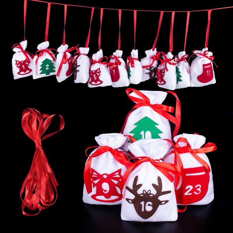 24 stuks/set doe-het-zelf adventskalender aftelkalender fluwelen zakjes met rood touw kerst trekkoord snoepzakjes jaarzak: Holle stijl