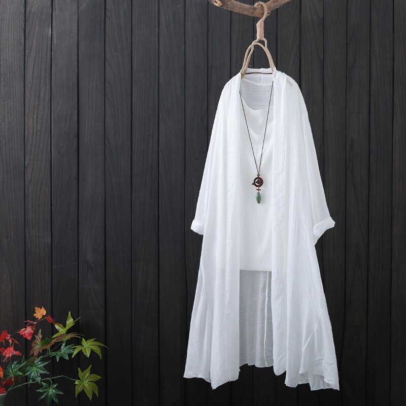 Klær i kinesisk stil kvinner topper sommer vintage lang skjorte kvinnelig tunika ensfarget hanfu tynn cardigan kinesisk topp 10459