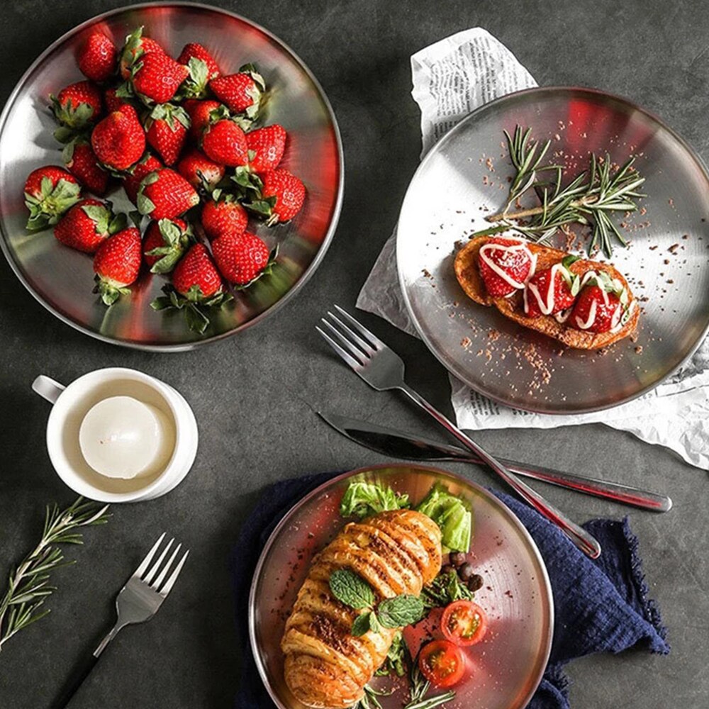 Stainless Steel Round Plate Double-Walled Insulated Dinner Plate Non Stick Pizza Plate Western Restaurant Dish Shallow Cake