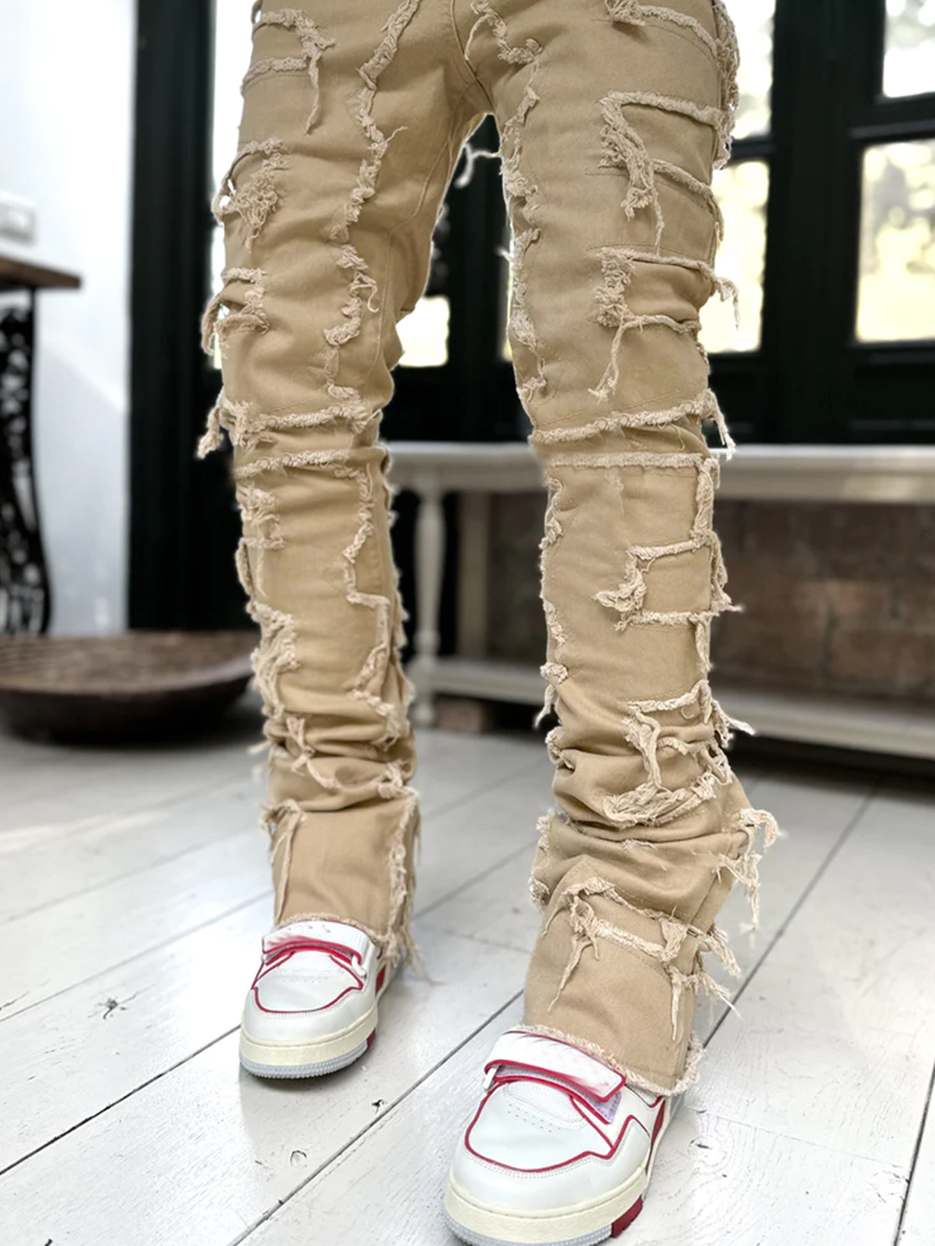 Stretch patch herrejeans  y2k patchwork kvaster dekoration lige denimbukser til mænd hiphop jeansbukser: M / Grå